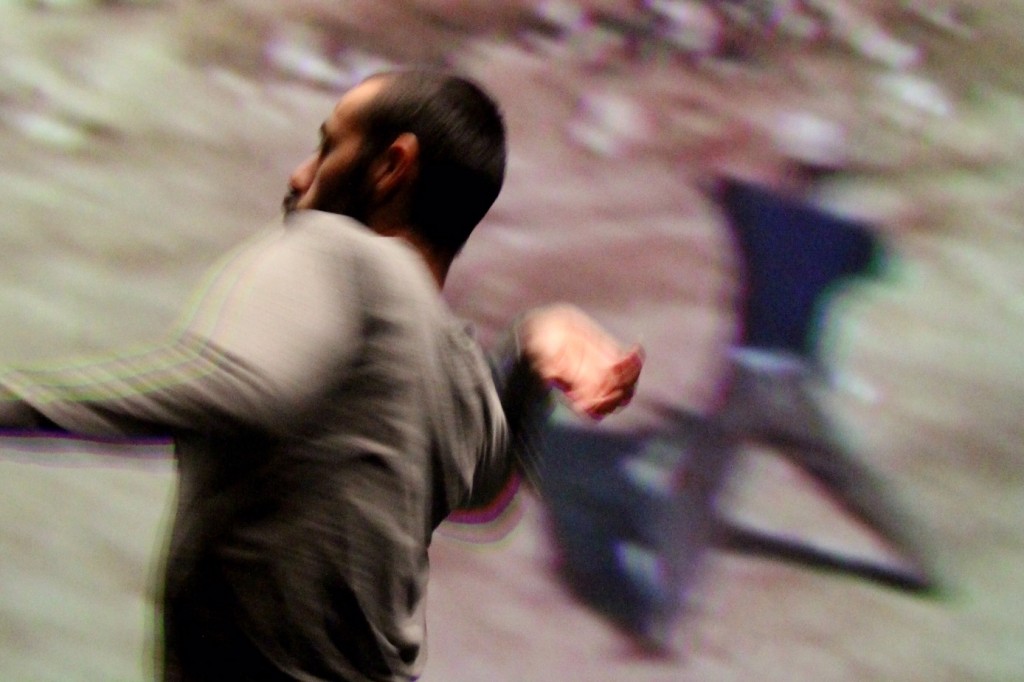 Arkadi Zaides in front of the screen in Archive (photo: Jean Coutourier)
